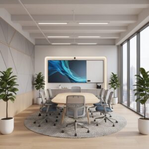 Interior shot showcasing ergonomic furniture + meeting room layout - Vibe Managed Office Spaces