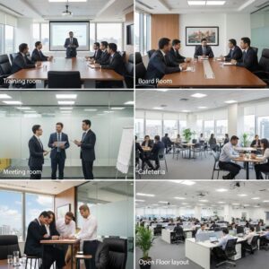 Training room + board room + meeting room + cafeteria + open floor layout - Vibe Managed Office Spaces