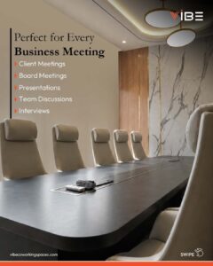 Meeting room suited for client meetings, board meetings, presentations and interviews at Vibe Coworking Spaces